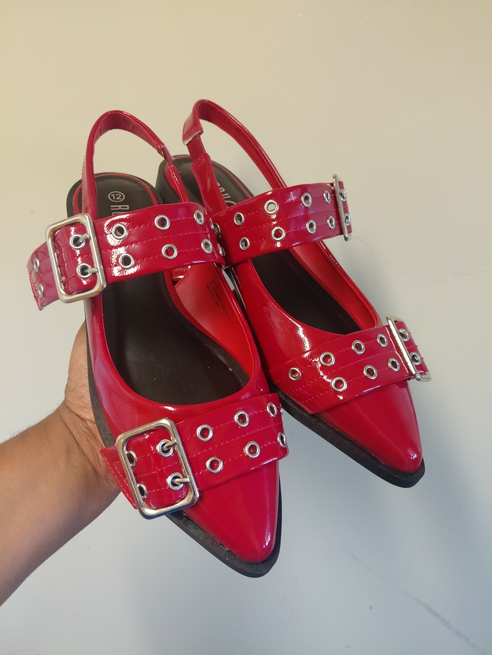 Red Patent Leather Woments Buckle Slingback Pointy Toe Flats Size 12